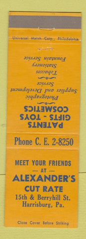 Matchbook Cover - Alexander's Cut Rate Drug Harrisburg PA