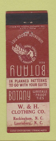 Matchbook Cover - Botany Men's Ties clothes W&H Rockingham Laurinburg NC WEAR