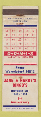 Matchbook Cover - Jane & Harry's Bingo 1954 Stouchsburg Rehrersburg PA WEAR