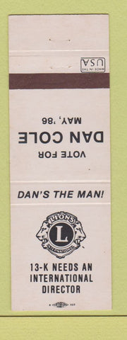 Matchbook Cover - Lions Club Dan Cole 1986 International Director