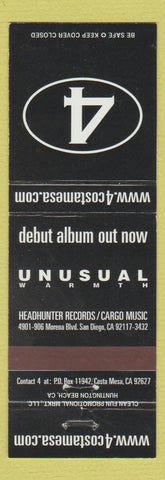 Matchbook Cover - 4 Costa Mesa Band Unusual Warmth San Diego CA