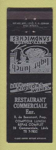 Matchbook Cover - Restaurant Commerciale Levis QC