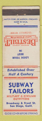 Matchbook Cover - Subway Tailors San Diego CA Military Uniforms WEAR