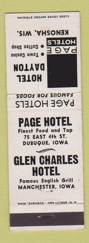 Matchbook Cover - Hotels Dayton Kenosha WI Glen Charles Manchester IA Dubuque