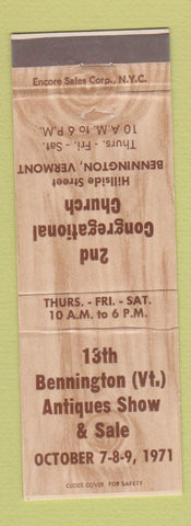 Matchbook Cover - 13th Bennington VT Antique Show 1971 Congregational Church