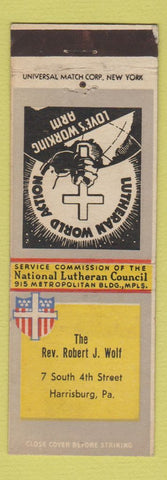 Matchbook Cover - Luthern Church Rev Robert Wolf Harrisburg PA