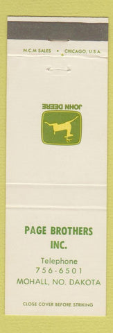Matchbook Cover - John Deere Tractors Page Brothers Mohall ND