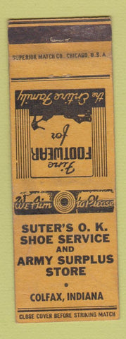 Matchbook Cover - Suter's OK Shoe Service Army Surplus Colfax IN