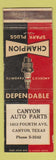 Matchbook Cover - Champion Spark Plugs Canyon TX WEAR