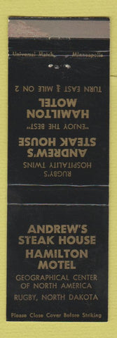 Matchbook Cover - Andrew's Steak House Hamilton Motel Rugby ND