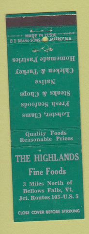Matchbook Cover - The Highlands Restaurant Bellows Falls VT DD Bean