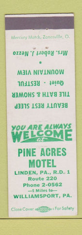 Matchbook Cover - Pine Acres Motel Williamsport PA
