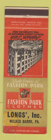 Matchbook Cover - Fashion Park Clothes Longs' Wilkes Barre PA