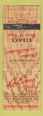 Matchbook Cover - La Barre Auberge Cabins  Ville Jacques Cartier QC