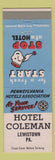 Matchbook Cover - Hotel Coleman Lewiston PA