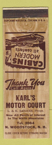 Matchbook Cover - Karl's Motor Court North Woodstock NH WEAR