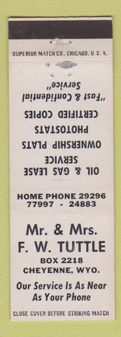 Matchbook Cover - Mr & Mrs FW Tuttle Cheyenne WY oil gas lease