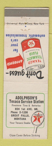 Matchbook Cover - Adolphson's Texaco oil gas Great Falls MT