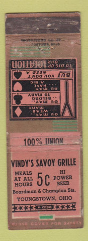 Matchbook Cover - Vindy's Savoy Grill Youngstown OH WEAR