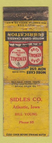 Matchbook Cover - Kendall oil gas Sidles Atlantic IA WORN