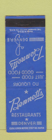 Matchbook Cover - Bennetts Restaurants Denver Colorado