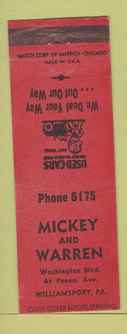 Matchbook Cover - Mickey and Warren Used Cars Williamsport PA