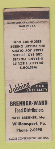 Matchbook Cover - Brenner Ward Food Distributors Williamsport PA