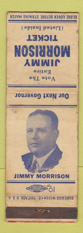 Matchbook Cover - Jimmy Morrison For Governor James Louisiana LA WORN