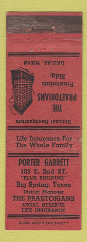 Matchbook Cover - Porter Garrett Praetorians Insurance Big Spring TX
