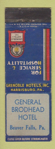 Matchbook Cover - General Brodhead Hotel Beaver Falls PA WEAR