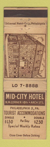 Matchbook Cover - Mid City Hotel Philadelphia PA