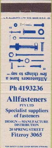Matchbook Cover - Allfateners Supply Fitzroy? New Zealand