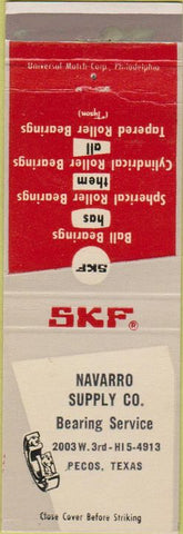 Matchbook Cover - SKF Bearings Navarro Supply Pecos TX