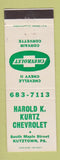 Matchbook Cover - Harold K Kurtz Chevrolet Kutztown PA Chevelle Corvette