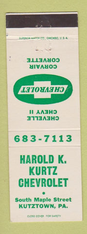 Matchbook Cover - Harold K Kurtz Chevrolet Kutztown PA Chevelle Corvette