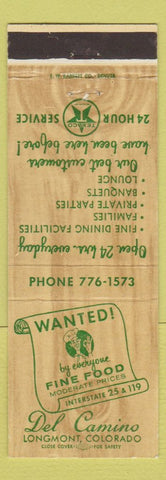 Matchbook Cover - Del Camino Restaurant Texaco oil gas Longmont Colorado