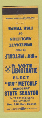 Matchbook Cover - Irv Metcalf State Senator Election AK?
