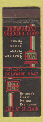 Matchbook Cover - Monte Cristo Italian Restaurant  ARROW Chicago WEAR