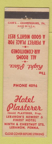Matchbook Cover - Hotel Plasterer Lebanon PA