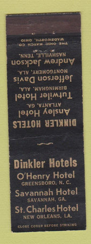Matchbook Cover - Dinkler Hotels Greensboro NC Atlanta Savannah GA Birmingham