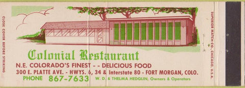 Matchbook Cover - Colonial Restaurant Fort Morgan CO