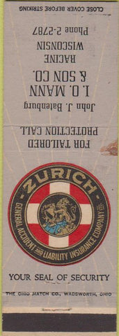 Matchbook Cover - LO Mann Son Racine WI Insurance