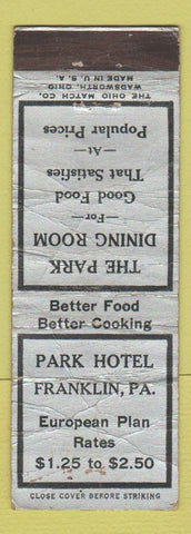 Matchbook Cover - Park Hotel Franklin PA POOR
