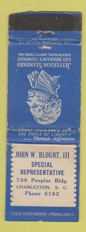 Matchbook Cover - Jefferson Standard Life Insurance John Blount Charleston SC