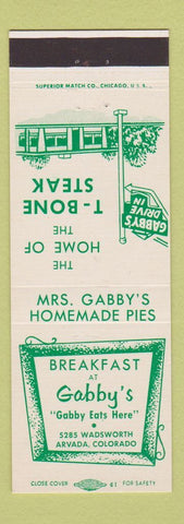 Matchbook Cover - Gabby's Restaurant Arvada Colorado