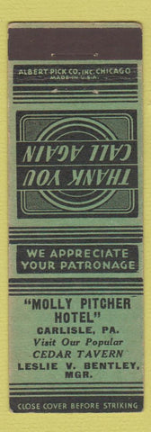 Matchbook Cover - Molly Pitcher Hotel Carlisle PA GREEN