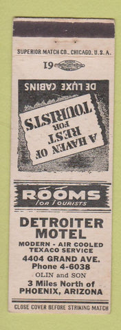 Matchbook Cover - Detroiter Motel Phoenix AZ Mobil oil gas