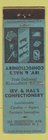 Matchbook Cover - Irv & Hal's Confectionery Bloomfield NJ WORN