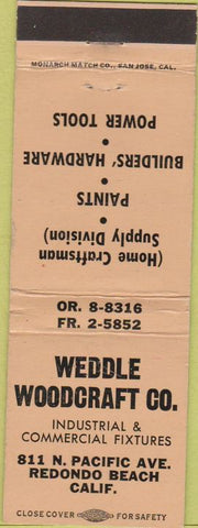 Matchbook Cover - Weddle Woodcraft Co Redondo Beach CA