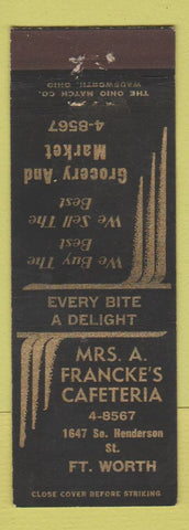 Matchbook Cover - Mrs A Francke's Cafeteria Fort Worth TX